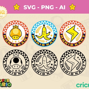 Buttons für Mario Kart Cup SVG Pack - 6 Tassen - Banane - goldener Pilz - Digital Mario Cricut Dateien Konturen - Instant Download