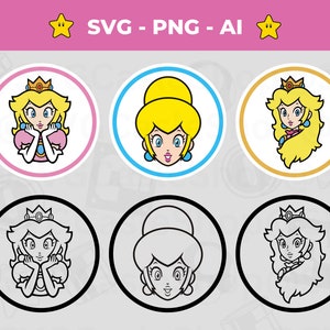 Pack numérique SVG Princess Peach, lot de visages de princesse, fichier de coupe Cricut Super MarioVector, Super Mario Bros, téléchargement immédiat