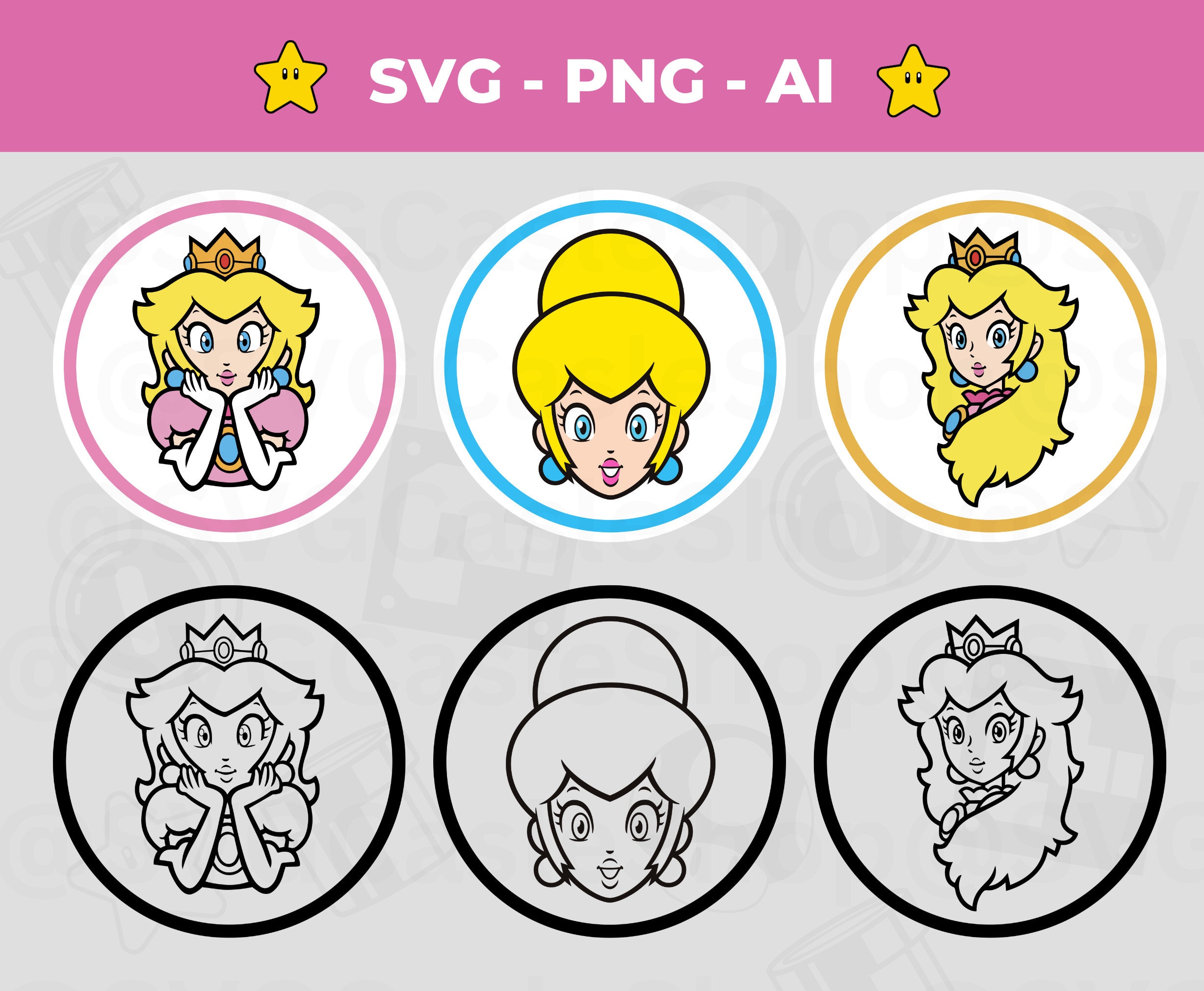 ピーチ姫の顔 SVG バンドル: スーパーマリオキャラクター