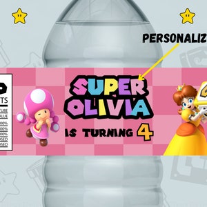 Digitale prinses perzik waterflesetiketten - voeg koninklijke elegantie toe aan haar verjaardagsfeestje - aangepaste roze Super Mario-verjaardagsflesetiketten