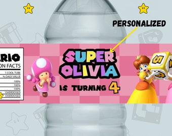 Etiquetas personalizadas para botellas de agua de la Princesa Peach: Fiesta de cumpleaños de Mario (Descarga digital)