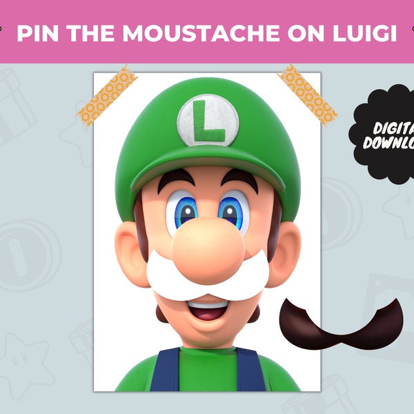 Épinglez la moustache sur le jeu Luigi pour les enfants - Jeu d'activités de fête d'anniversaire amusant - Jeu Mario à imprimer pour la fête d'anniversaire - Téléchargement immédiat