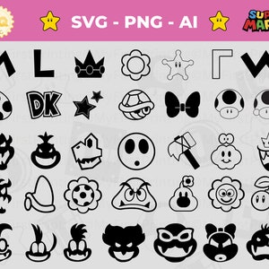 35 Mario Icons SVG-pakket voor Mario-personages Clipart SVG-overzicht, PNG Instant Download, gelaagde bestanden, Cricut Cut-bestand, Mario Brothers-svg