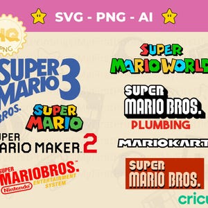 Lot d'étiquettes SVG Mario - 8 titres png Super Mario, fichiers coupés Mario, vecteur Cricut, Mario Brothers svg, téléchargement immédiat