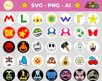 May include: A set of 36 colorful round icons featuring characters and objects from the Super Mario video game franchise. The icons include characters like Mario, Luigi, Donkey Kong, and Bowser, as well as objects like stars, mushrooms, and power-ups.