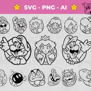 16 Mario Icons Outline SVG Set - Personnages de Super Mario - Fichier coupé en téléchargement | Les frères Mario svg png | Couronne svg