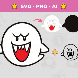 Pacchetto SVG a strati Boo Ghost per i fan di Super Mario - Super Mario PNG - Download immediato del file di taglio del gioco Mario per Silhouette, Cricut e artigianato