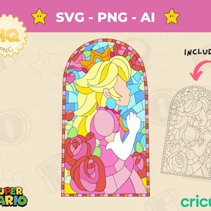 Prinzessin Peach Glasmalerei-Fenster SVG - Mario PNG - Mehrschichtige Mario-Charaktere SVG - Spiel Bundle svg - Cricut digitaler Download