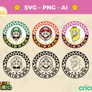Digital Super Mario Kart Abzeichen SVG 6er Pack Tassen - Super Mario Spiele Aktivitäten png - Cricut geschnitten Dateien Outlines - Mario Brothers svg