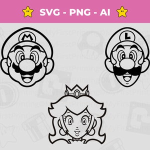 Mario Head Pack, Luigi et Princess Peach SVG - téléchargement immédiat pour les fans de Nintendo, Mario Brothers svg png, chemises Super Mario png