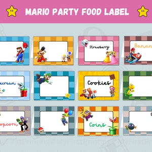 Etichetta stampabile per cibo a tema Mario Party - Modificabile su Canva - Tenda per cibo Super Mario - Etichette digitali per cibo - Etichette per bomboniere - Download immediato
