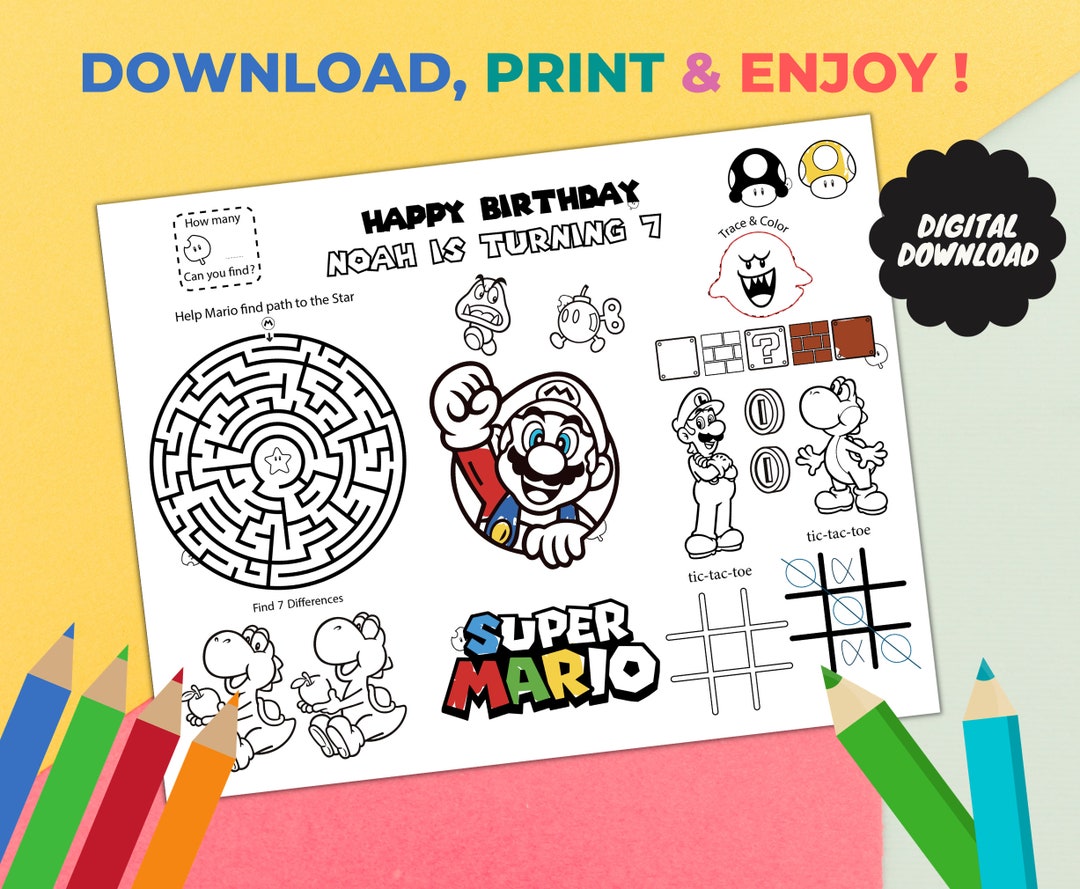 Mario Coloring Sheet, Super Brothers Party Favor, Custom Gaming ...