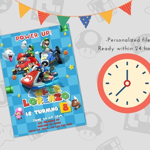 Digitale Mario-uitnodiging, Super Mario Kart PNG PDF, Super Mario-verjaardagsuitnodiging, videogame, uitnodiging voor kind, aangepaste uitnodiging