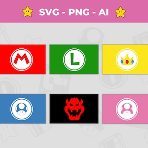 Lot de drapeaux Mario numériques SVG PNG téléchargement immédiat, drapeau emblème de Super Mario Bros., logo Bowser, décoration murale royaume champignon