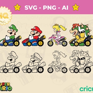 Mario Kart svg Pack - 8 personnages de Super Mario png - Téléchargement numérique - Contour pêche fichiers coupés - Bowser Cricut Vector - Mario Brothers svg