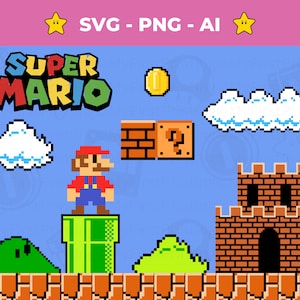 Jeu de scènes numérique rétro Super Mario SVG - 12 fichiers vectoriels découpés pour création avec Cricut et Silhouette - jeu Mario à téléchargement immédiat