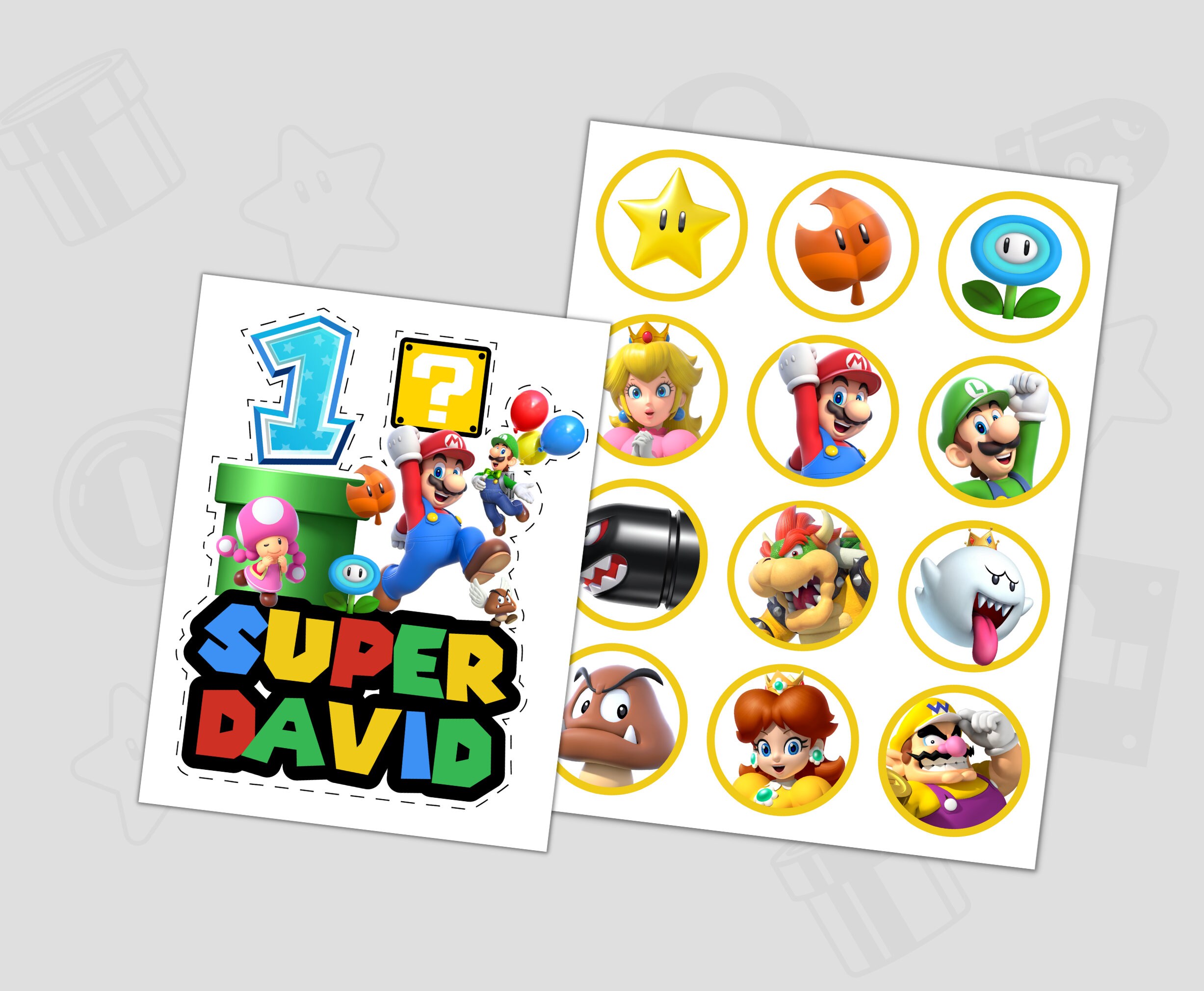 Super Mario Cake Topper with 12 Cupcake Toppers - Custom Topper For Birthday Party - Printable Name and Age - Instant Download
