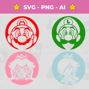 Super Mario Character visages SVG - Mario Bros, Luigi, Rosalina et la princesse Peach - Mario Game - lot de fichiers PNG - téléchargement immédiat