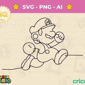 Digital Super Mario mit Linien SVG, druckfertige Cricut und PNG-Dateien, druckbare Super Mario Png, Instant Download