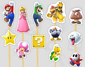 Magical Super Mario Character Centerpieces For Birthday Party Decoration, Cake Topper Mario Bros Stickers, Mario cupcakes, Printable Digital