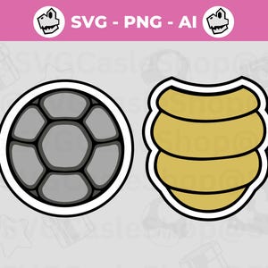May include: A digital graphic featuring two icons: a circular gray turtle shell with a black hexagonal pattern and a golden yellow beehive shape with horizontal ridges. Both icons have a thick white outline and black borders.