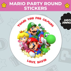 Adesivi rotondi personalizzati Super Mario Thank You - Etichette digitali per bomboniere di compleanno - Etichette personalizzate per sacchetti per feste - Adesivi Mario e Luigi