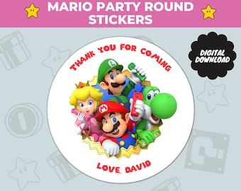 Custom Super Mario Thank You Round Stickers - Digital Birthday Party Favor Labels - Personalized Party Bag Labels - Mario & Luigi Stickers