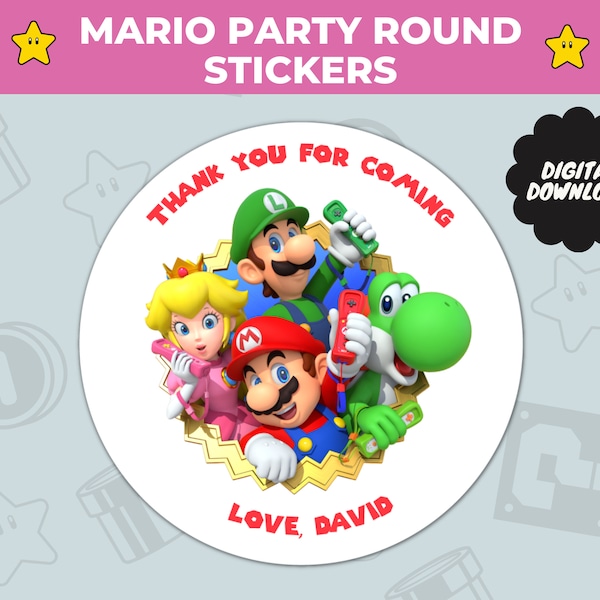 Custom Super Mario Thank You Round Stickers - Digital Birthday Party Favor Labels - Personalized Party Bag Labels - Mario & Luigi Stickers