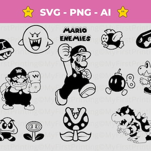 Digitale Mario Charaktere Feinde, Silhouette Vektor geschnitten Datei SVG Bundle, Bowser svg, Boo svg, Piranha Pflanze, Sofort Download |