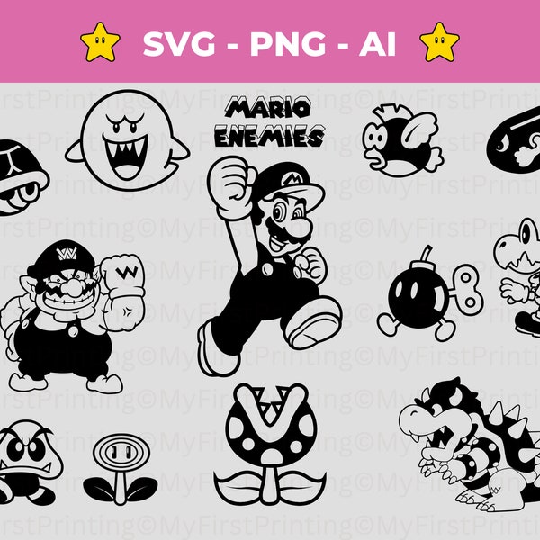 Digital Mario Characters Enemies Silhouette Vector Cut File SVG Bundle | Bowser svg | Boo svg | Instant Download | Piranha Plant