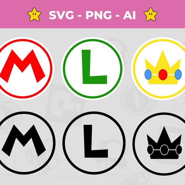 Logo SVG Mario, Luigi et la princesse Peach - Téléchargement instantané pour les fans de Nintendo | Les frères Mario svg png | Chemises Super Mario png | Couronne svg