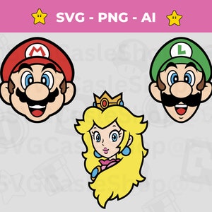 Super Mario head SVG, superposition de visages pour Mario, Luigi et la princesse Peach - téléchargement immédiat - imprimable Super Mario Head - Mario Brothers svg