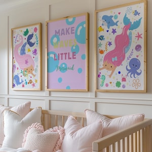 Mermaid nursery print, mermaid girls room prints, purple nursery, mermaid wall art print nursery wall art set of 3 prints, girly prints