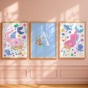 Mermaid nursery print, mermaid girls room prints, purple nursery, mermaid wall art print nursery wall art set of 3 prints, girly prints