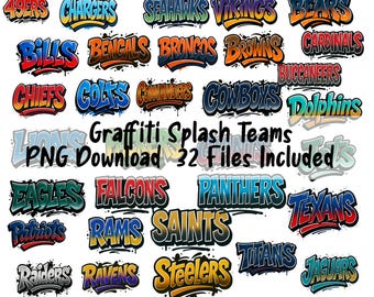 Puede incluir: Una colección de 32 archivos PNG con logotipos de equipos estilo graffiti. Los logotipos incluyen varios equipos de la NFL como los 49ers, Chargers, Seahawks, Vikings, Bears, Bills, Bengals, Broncos, Browns y Cardinals. Fondo blanco.