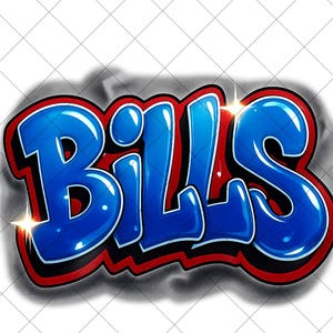 May include: A vibrant graphic featuring the word "BILLS" in a bold, graffiti-style font. The letters are a glossy blue with black outlines, set against a red border. The design includes highlights and shadows for a 3D effect.