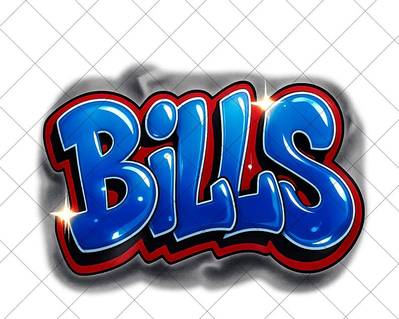 May include: A vibrant graphic featuring the word "BILLS" in a bold, graffiti-style font. The letters are a glossy blue with black outlines, set against a red border. The design includes highlights and shadows for a 3D effect.