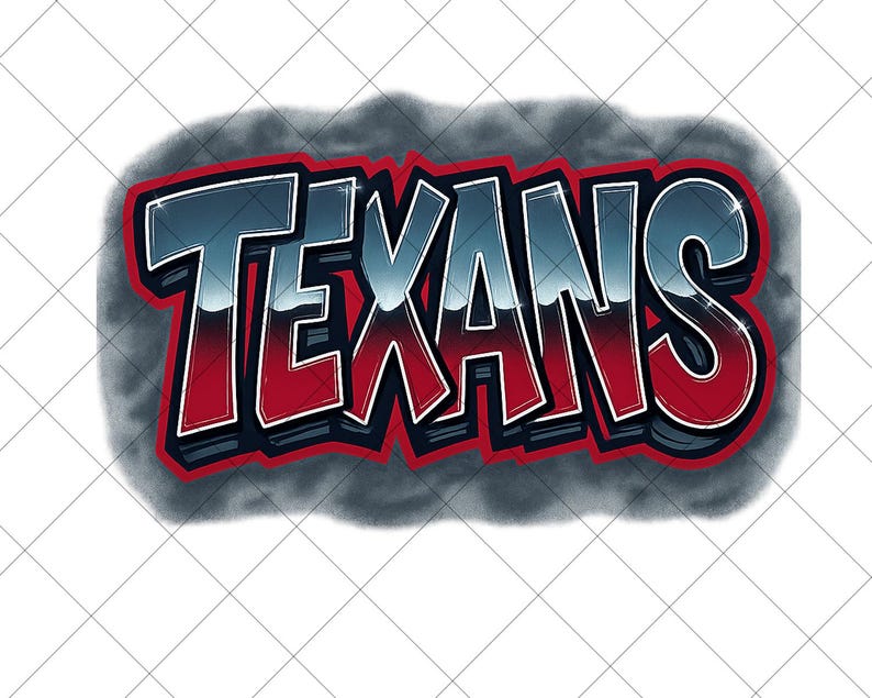 May include: The word "TEXANS" in a graffiti-style design. The letters are in a gradient of blue and silver, outlined in white, with a red shadow. The design is set against a gray, smoky background.