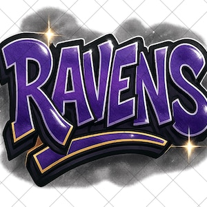 May include: A graphic illustration of the word "Ravens" in a 3D style. The word is in purple with a black outline and a gold accent. The background is a light gray with a grid pattern and sparkling highlights.