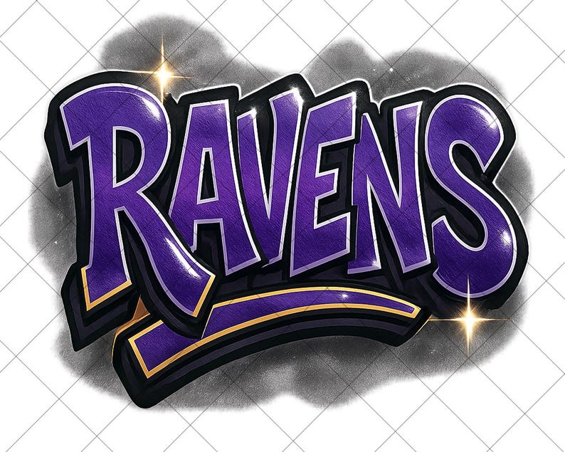 May include: A graphic illustration of the word "Ravens" in a 3D style. The word is in purple with a black outline and a gold accent. The background is a light gray with a grid pattern and sparkling highlights.