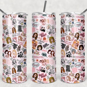 May include: A pink stainless steel tumbler with a repeating pattern of cartoon characters, floral accents, and text. The tumbler includes a silver straw and a lid. The design features various quotes and phrases.