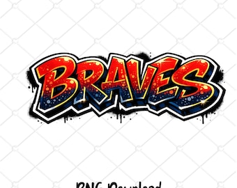 May include: A digital graphic of the word "Braves" in a graffiti style. The word is in red with a yellow gradient, outlined in black and blue, with a spray paint effect. The text "PNG Download" is below.
