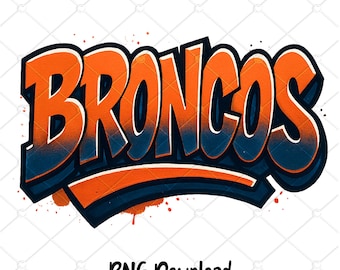 May include: A graphic design of the word "BRONCOS" in orange and navy blue, with a white outline. The word is in a graffiti-style font, with a shadow effect. The image includes the text "PNG Download".
