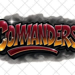 Könnte beinhalten: Das Wort "Commanders" in einer fetten Schriftart im 3D-Stil. Die Buchstaben sind ein Farbverlauf aus Rot und Gold, umrandet in Schwarz mit einem goldenen Rand. Ein dunkler, rauchiger Effekt befindet sich hinter dem Wort, mit einem weißen, gitterartigen Hintergrund.