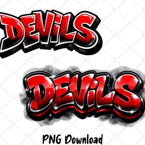 May include: Two "Devils" graphic designs. The word "Devils" is in bold, red, 3D lettering with black and white outlines. The bottom design has a smoky gray background. The text "PNG Download" is at the bottom.