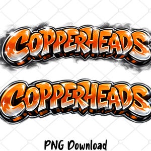 May include: Two orange and white "COPPERHEADS" text graphics with a black outline and a smoky effect. The text is in a bold, stylized font. The words are on a white background. Below the text is the phrase "PNG Download".