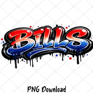 Puede incluir: Un diseño gráfico digital que presenta la palabra BILLS en una fuente de estilo grafiti. Las letras transicionan de un rojo brillante en la parte superior a un azul profundo en la base, con contorno negro, reflejos blancos y goteos.