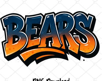 May include: A graffiti-style design spells out "BEARS" in bold, stylized letters. The letters transition from a dark blue at the top to a vibrant orange at the bottom, outlined in black. The words are set against a white background, with the text "PNG Download" at the bottom.