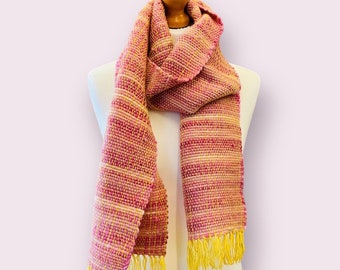 Handwoven Wool Scarf: Pink & Yellow Merino Fringe