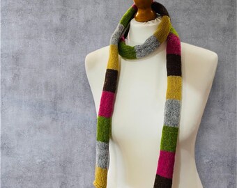 Handmade Knitted Striped Skinny Scarf - Soft, Lightweight, Multi-Coloured, Jamieson & Smith Shetland Wool
